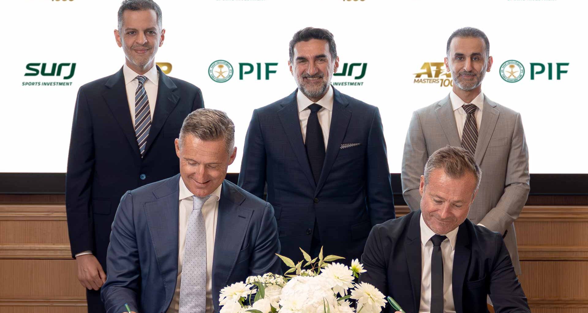 Pictured from left to right: Yazeed A. Al-Humied, Deputy Governor and Head of MENA Investments at PIF; Andrea Gaudenzi, Chairman of the ATP; His Excellency Yasir O. Al-Rumayyan, Governor of PIF; Danny Townsend, CEO of SURJ Sports Investment; and Bandar Mogren, Chairman of SURJ Sports Investment and COO of PIF, gather in Paris, France, to sign a new partnership to bring a 10th ATP Masters 1000 event to Saudi Arabia.