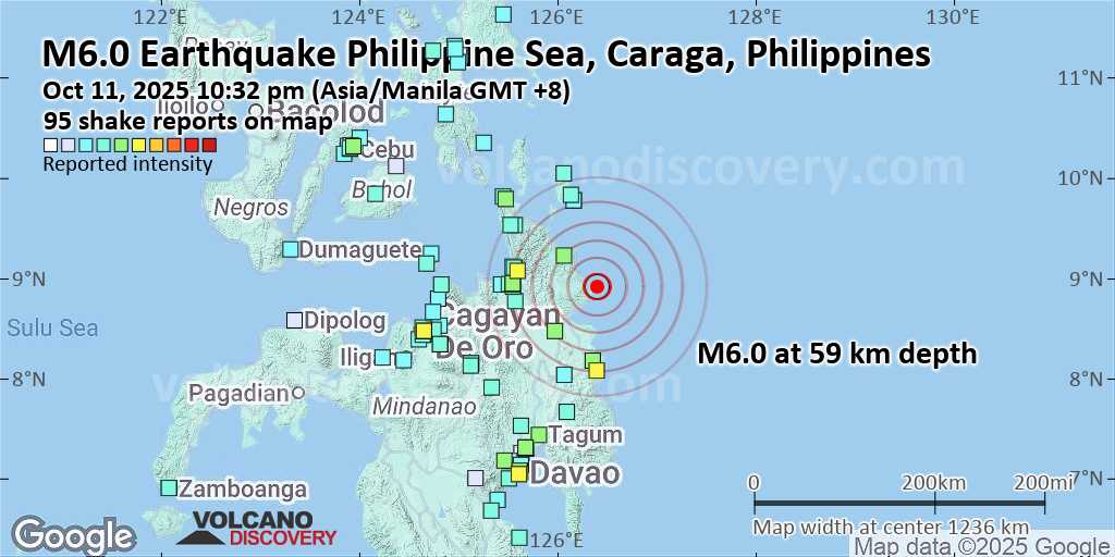 Very strong mag. 6.0 earthquake - Philippine Sea, 28 km southeast of Tandag, Philippines, on Saturday, Oct 11, 2025, at 10:32 pm (GMT +8) - - Volcano Discovery