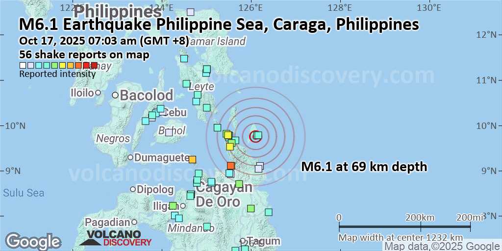 Very strong mag. 6.1 earthquake - Philippine Sea, 14 km southeast of Siargao Island, Philippines, on Friday, Oct 17, 2025, at 07:03 am (Manila time) - - Volcano Discovery