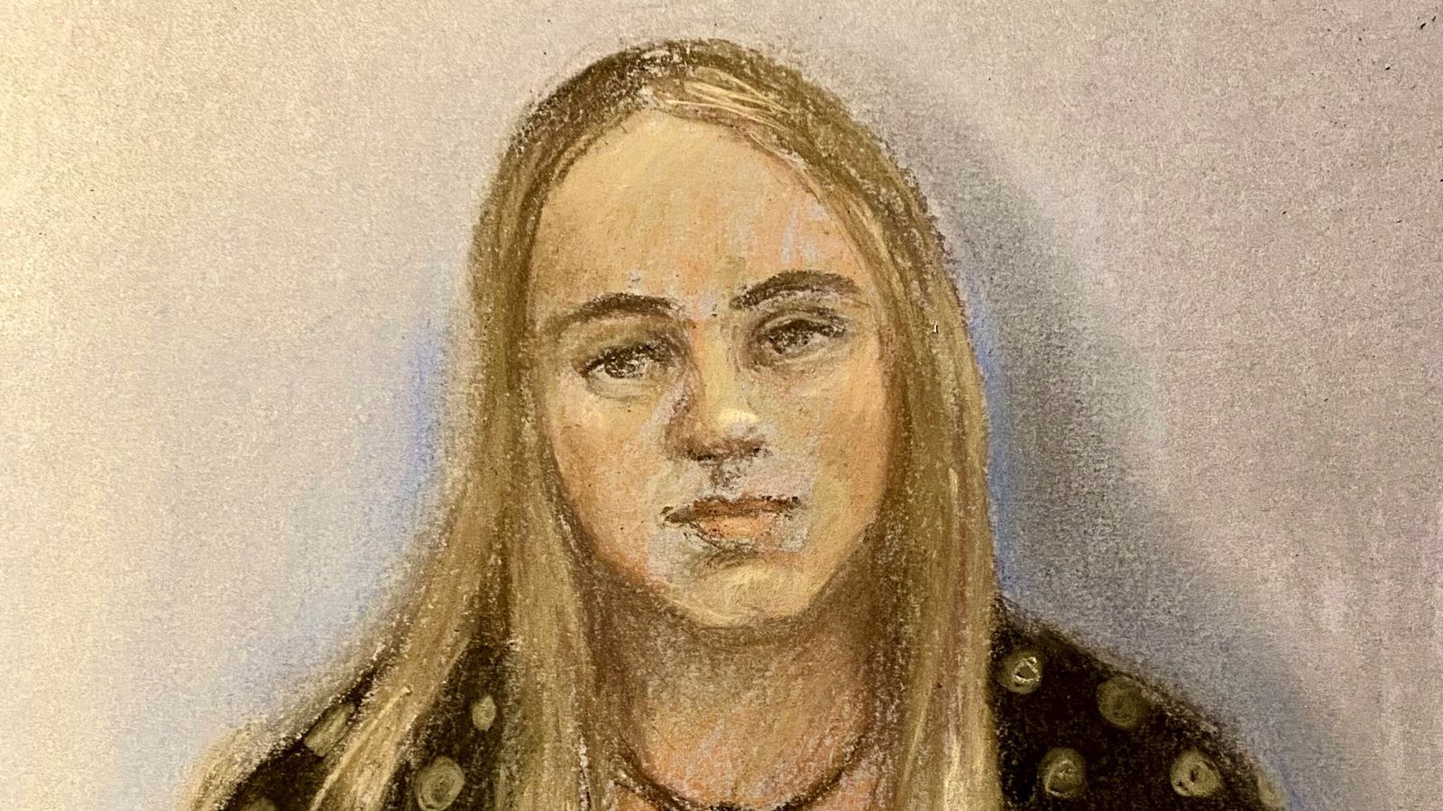 A court sketch by Elizabeth Cook, of Amelie McCann giving evidence at the trial. Pic: PA
