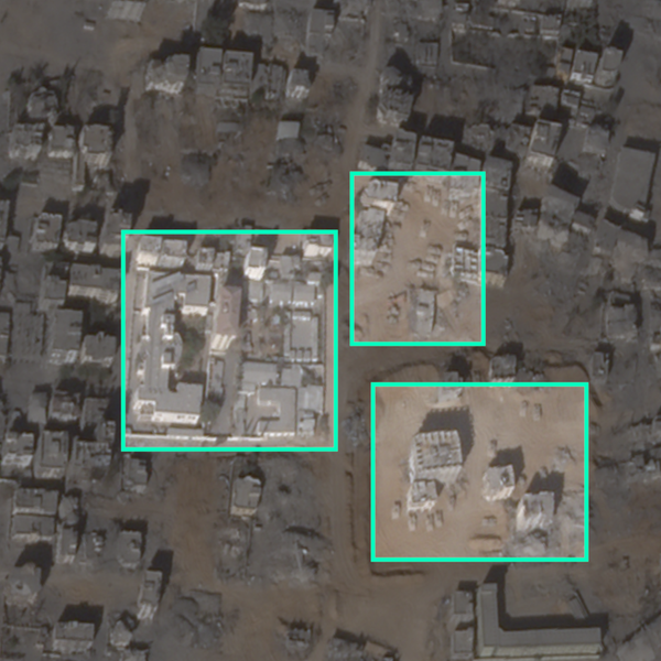 Israeli tanks visible outside the Jordanian Hospital (left) in Gaza City, 7 October 2025. Pic: Planet Labs PBC