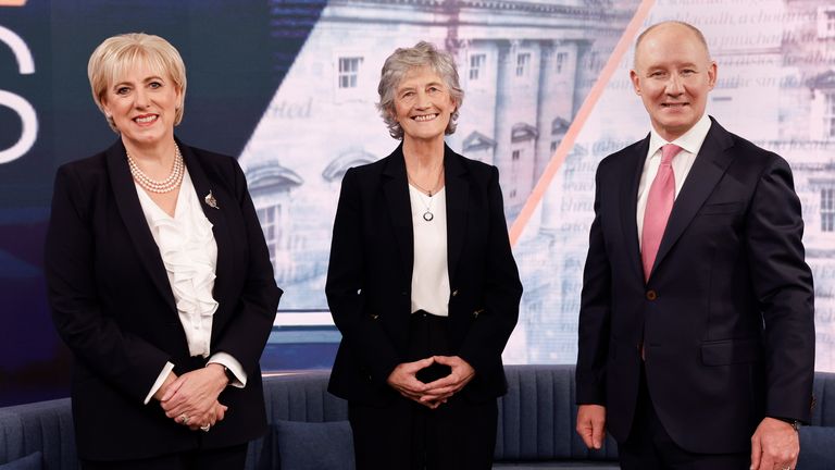 (L-R) Heather Humphreys, Catherine Connolly and Jim Gavin at a TV debate broadcast by RTE on Sunday. Pic: PA