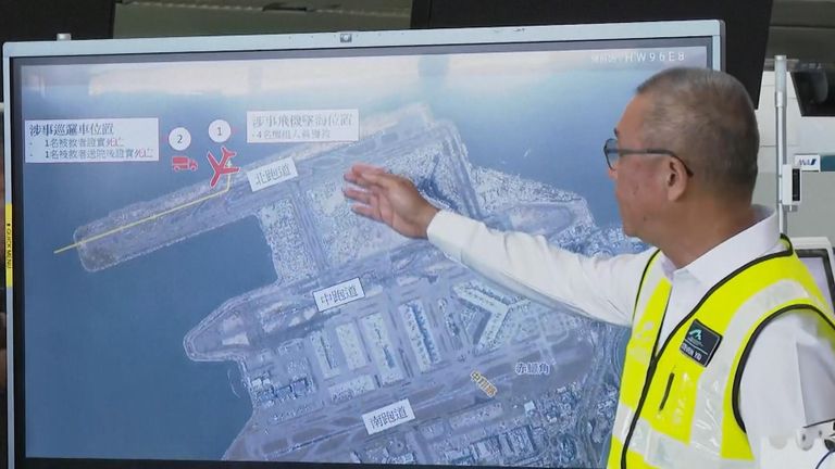 Mr Yiu showed a map of the northern runway and the crash site. Pic: AP