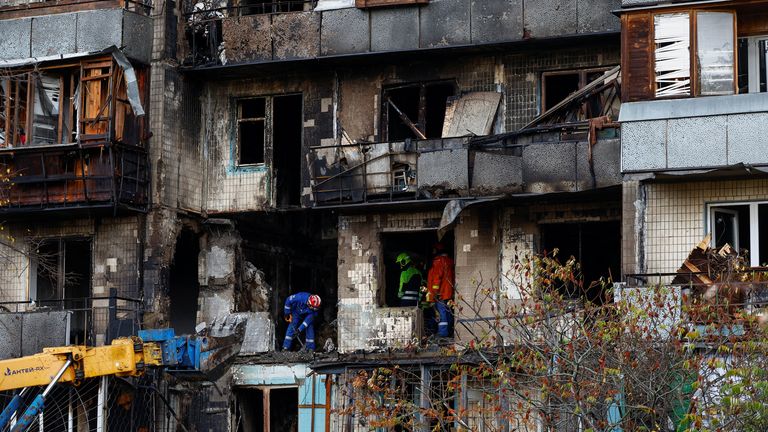 An apartment building damaged during an overnight Russian drone strike in Kyiv. Pic: Reuters