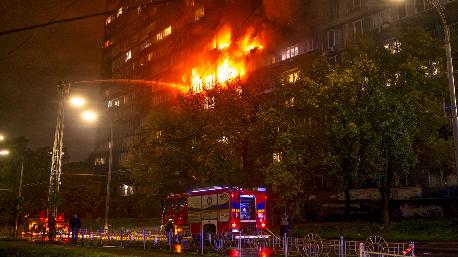 A block of flats in Kyiv was hit by a drone and caught fire. Pic: Reuters