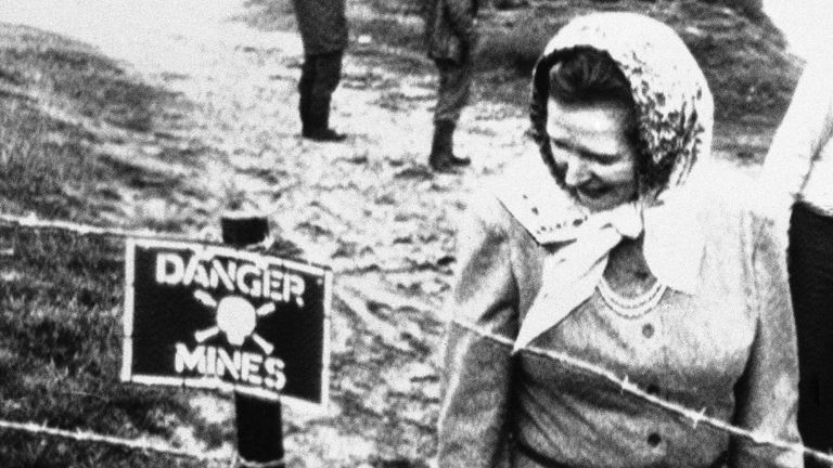 Thatcher visiting a mine field in the Falkland Islands in 1983. Pic: AP