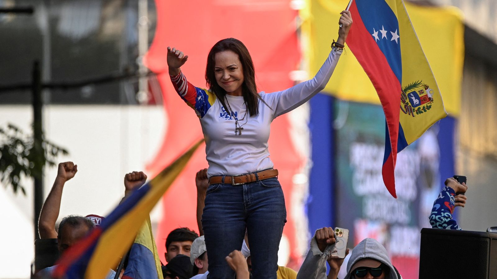 Maria Corina Machado addresses supporters at a protest in January. Pic: Reuters