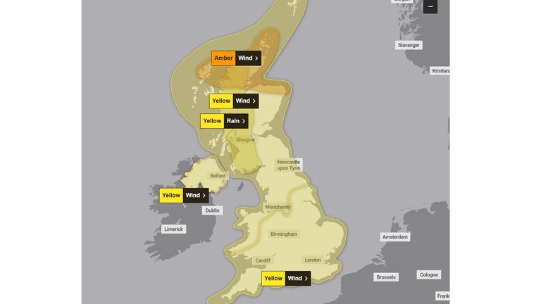 Weather warnings covering all of the UK have been issued for Saturday. Pic: Met Office