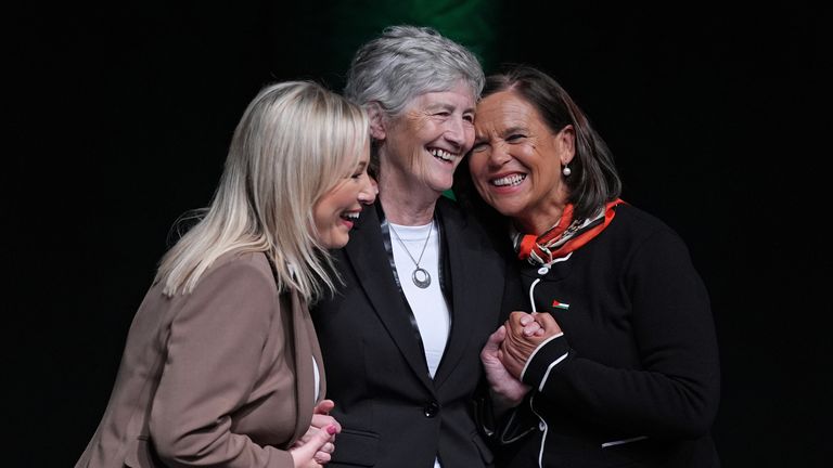 Sinn Fein's Michelle O'Neill (left) and Leader Mary Lou McDonald (right) back Catherine Connolly (centre) for president. Pic: PA
