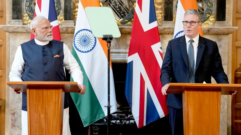 Narendra Modi and Keir Starmer during a press conference in July. Pic: PA