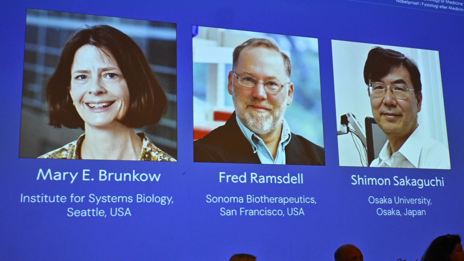 A screen showing the Nobel Prize winners as their triumph was announced. Pic: AP