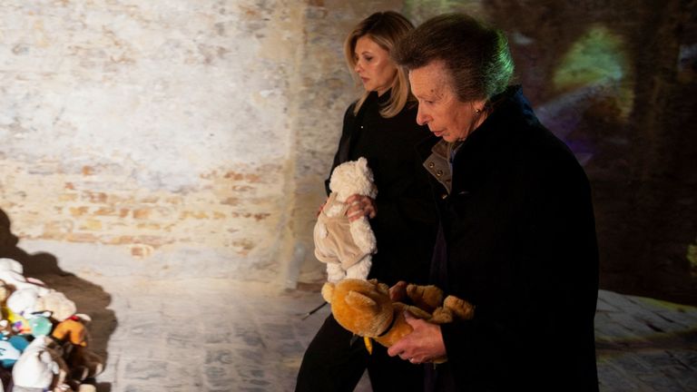 The Princess Royal and First Lady Olena Zelenska laid soft toys during a visit to a memorial for children killed in the war. Pic: PA