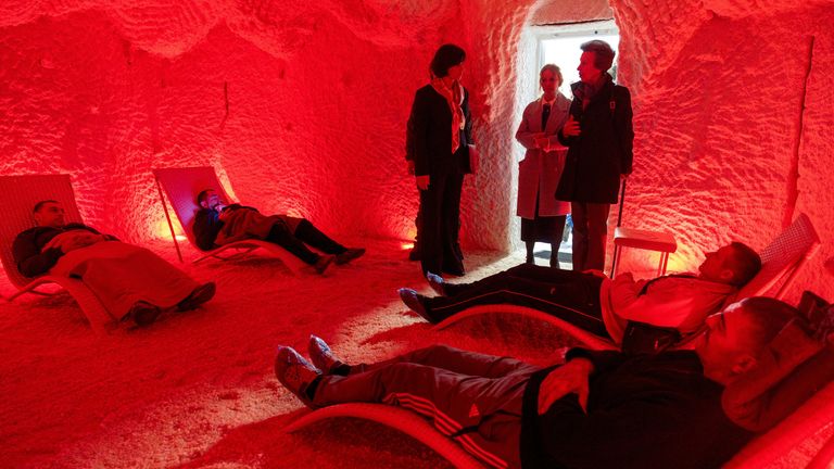The Princess Royal met Ukrainian war veterans relaxing in a salt therapy room at a rehabilitation centre. Pic: PA