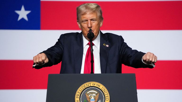 Donald Trump used part of his address to laud his country's nuclear arsenal. Pic: Reuters