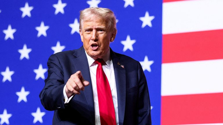 Donald Trump speaking during a meeting of senior military leaders earlier in the day.
Pic: Reuters