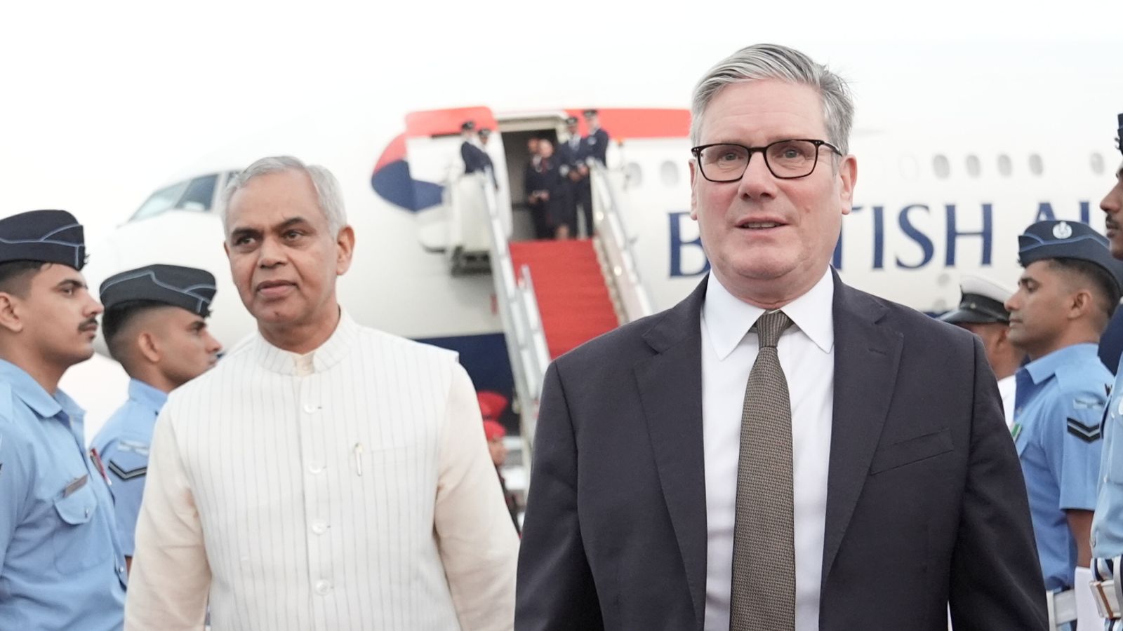 Sir Keir Starmer got the red carpet treatment as he landed in Mumbai. Pic: PA