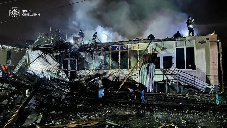 A building was also hit in Brovary, near Kyiv. Pic: AP