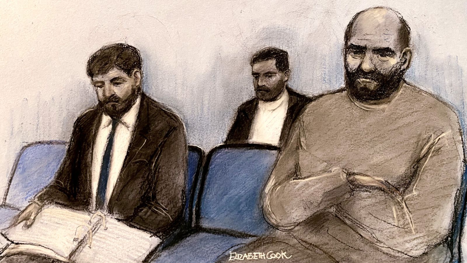 Court artist's drawing of (left to right) Walid Saadaoui, Bilel Saadaoui and Amar Hussein. Pic: Elizabeth Cook/PA