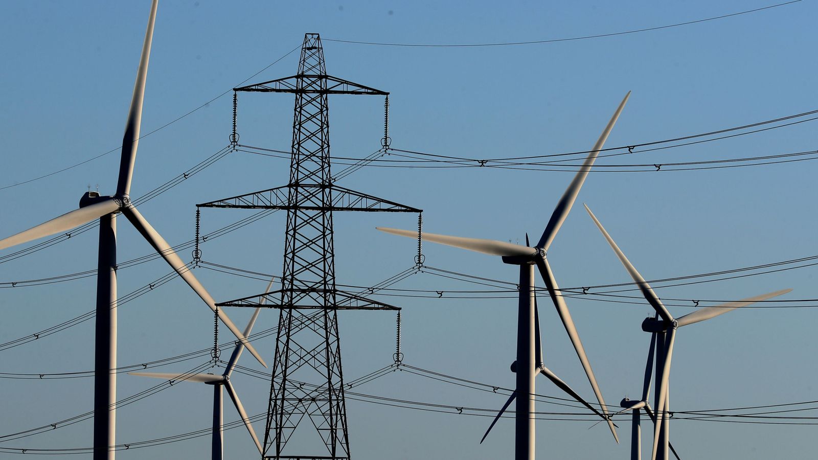 Little Cheyne Court Wind Farm, pictured among electricity pylons on the Romney Marsh in Kent. Pic: PA