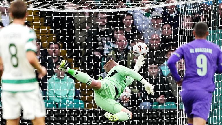 Celtic goalkeeper Kasper Schmeichel failed yo keep Ricardo Horta's stunning strike out