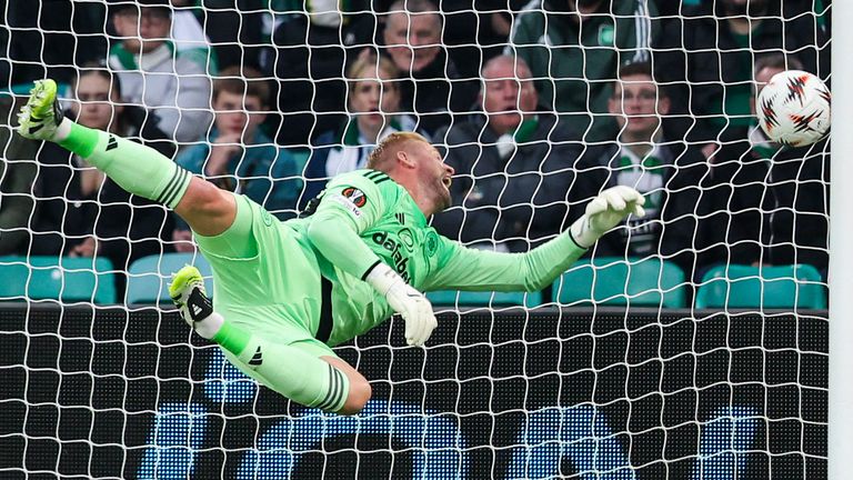 Kasper Schmeichel is beaten as Braga's Ricardo Horta scores to make it 1-0 against Celtic in the UEFA Europa League