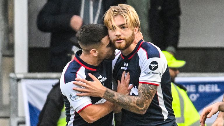 FALKIRK, SCOTLAND - OCTOBER 05: Falkirk's Henry Cartwright (R) celebrates with Leon McCann (L) after scoring to make it 1-1 during a William Hill Premiership match between Falkirk and Rangers at the Falkirk Stadium, on October 05, 2025, in Falkirk, Scotland. (Photo by Rob Casey / SNS Group)