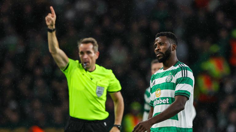 GLASGOW, SCOTLAND - OCTOBER 02: Referee Tobian Stieler indicates Celtic's Kelechi Iheanacho's strike will be ruled out for handball during a UEFA Europa League 2025/26 League Phase MD2 match between Celtic and SC Braga at Celtic Park, on October 02, 2025, in Glasgow, Scotland. (Photo by Craig Williamson / SNS Group)