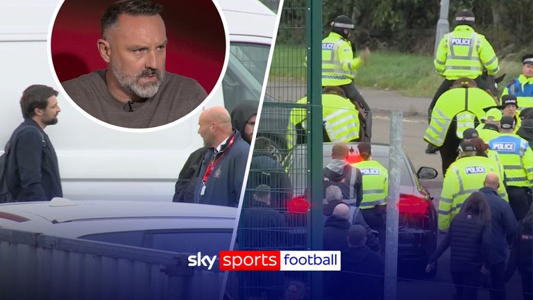 Rangers fans block team bus in the outside the ground after the away side draw against Falkirk adding more pressure to Russell Martin as the Rangers manager is escorted out of the ground. 