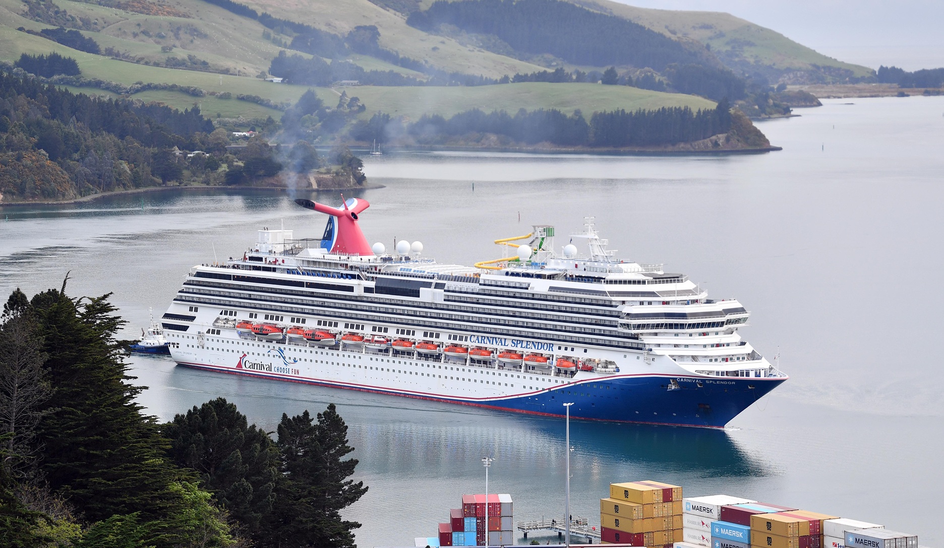 Carnival Splendor passes Careys Bay to berth at Port Chalmers at 7.30am on Sunday. Photo: Stephen...