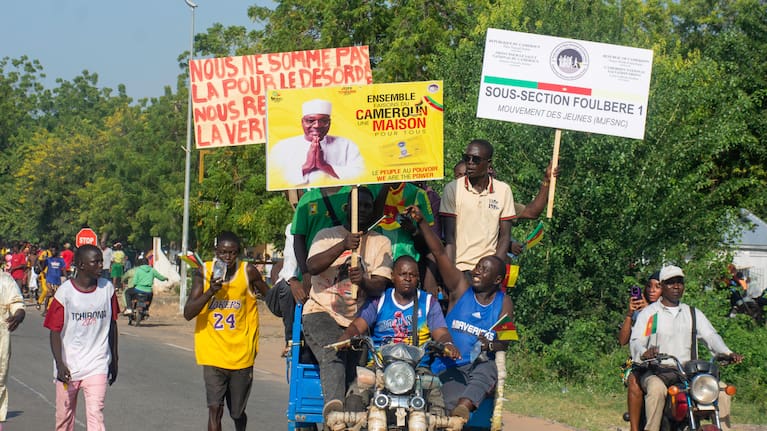 Supporters of opposition presidential candidate Issa Tchiroma, protest on the streets of Garoua, Cameroon, Sunday, Oct. 26, 2025.