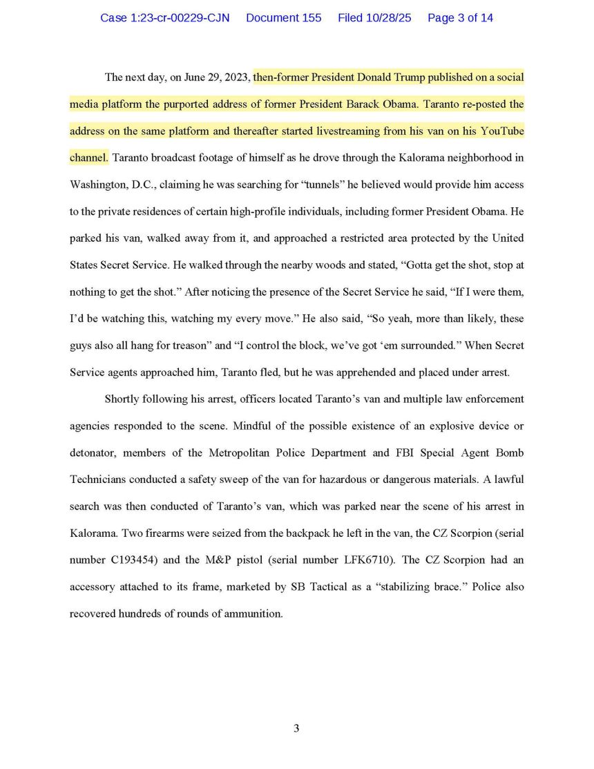 Page three of the original sentencing memo for Taylor Franklin Taranto. The highlighted portion shows text that was removed when the memo was re-filed.