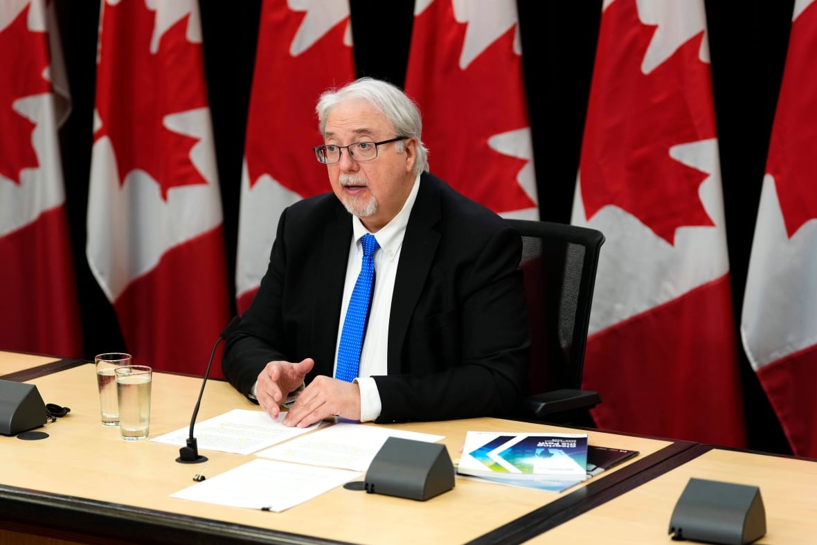 A man in a black suit and blue tie speaks into a microphone while holding some papers. A row of Canadian flags are drapped in the background.