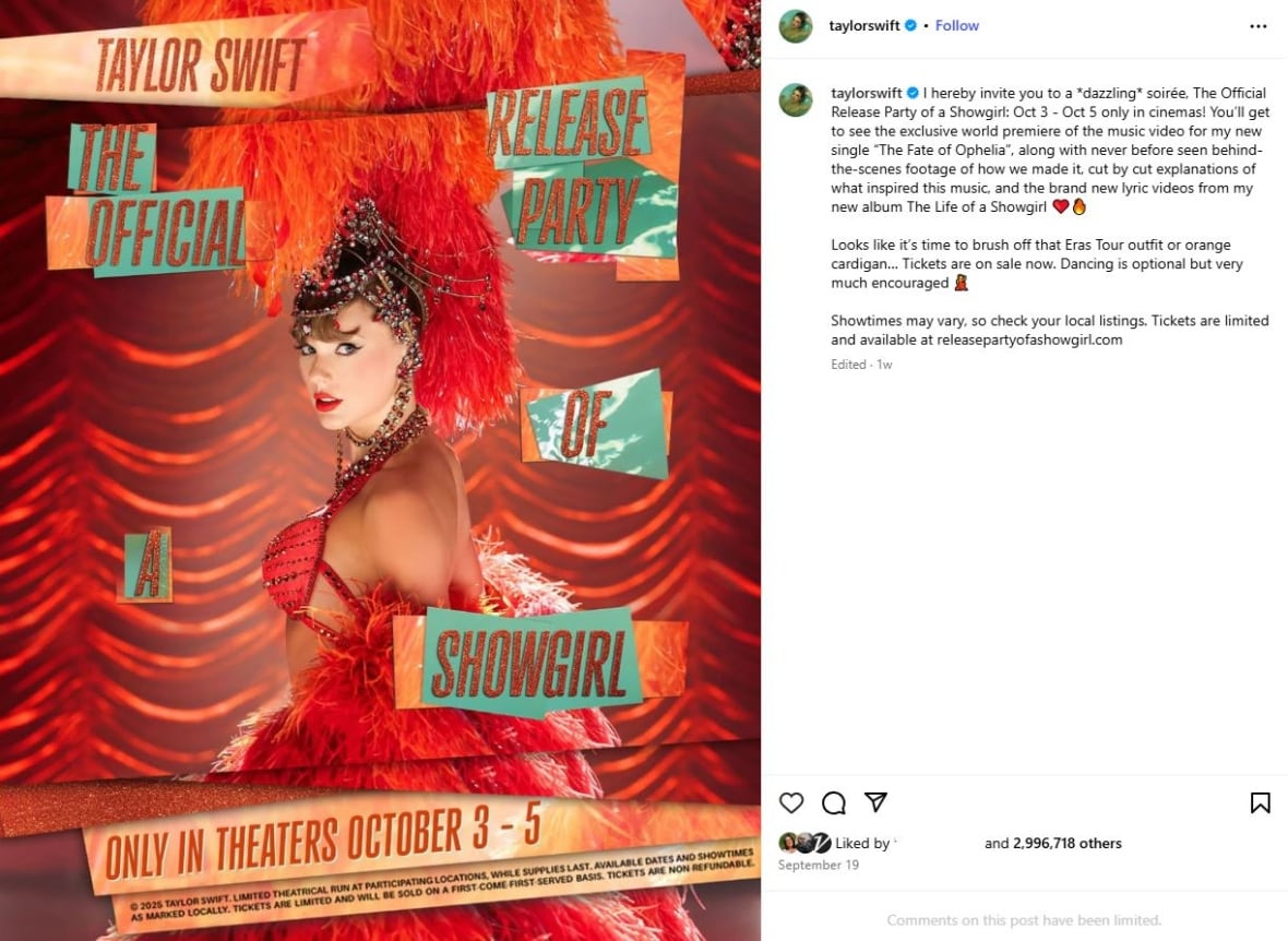 An Instagram post with a movie poster featuring a woman wearing a feathered and jeweled showgirl costume against red curtain backdrop. 