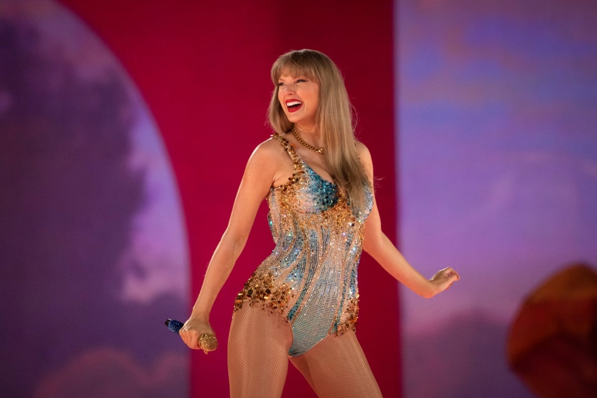 Taylor Swift sings during the first of three concerts at B.C. Place in Vancouver, British Columbia on Friday, December 6, 2024. 
