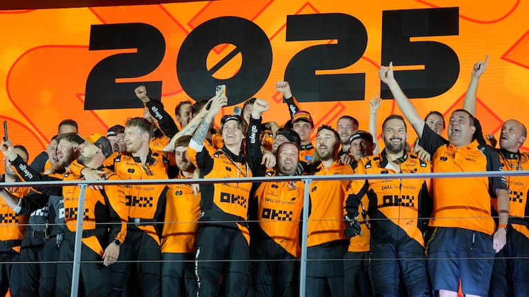 Team McLaren celebrates after winning the constructor's title during the Singapore Formula One Grand Prix at the Marina Bay Street Circuit in Singapore.