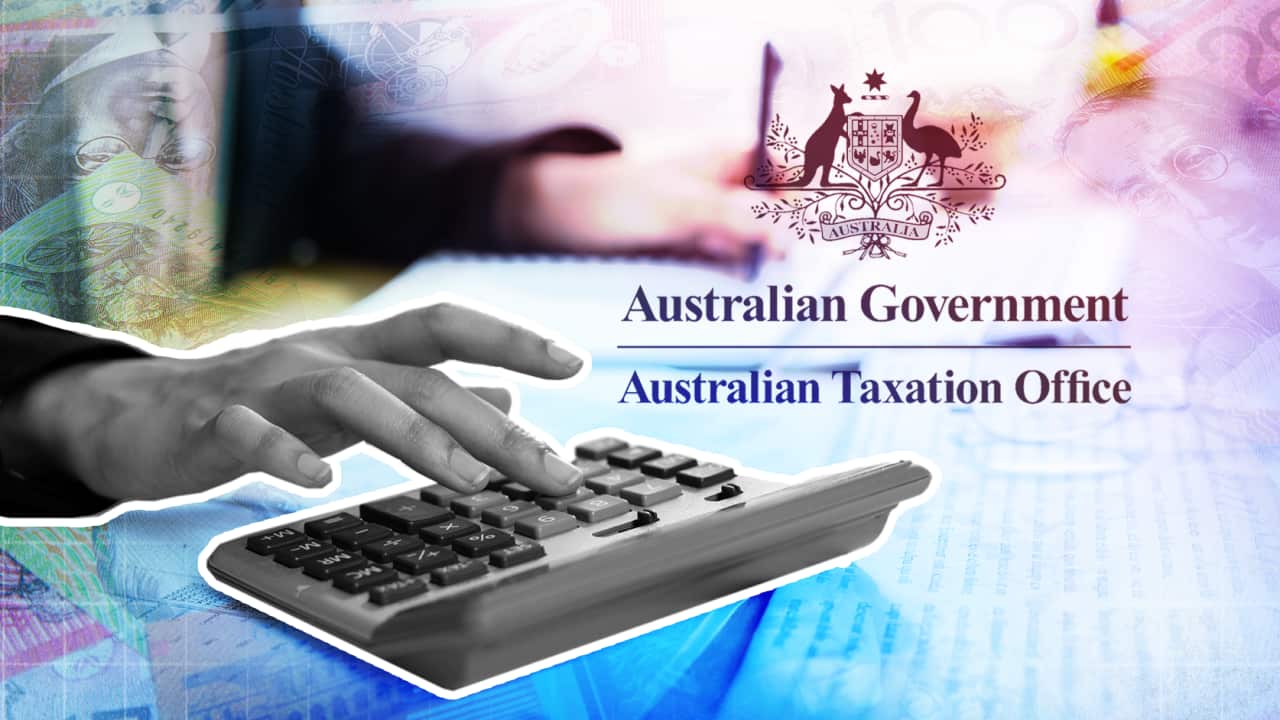 A hand at a calculator in black and white, with a colourful blue and purple background, including the logo of the Australian Tax Office.