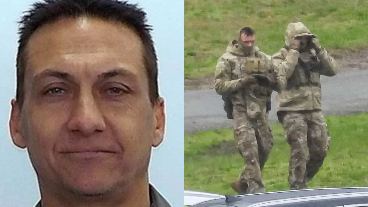 A composite image of a man's head on the left and two officers in tactical gear on the right.