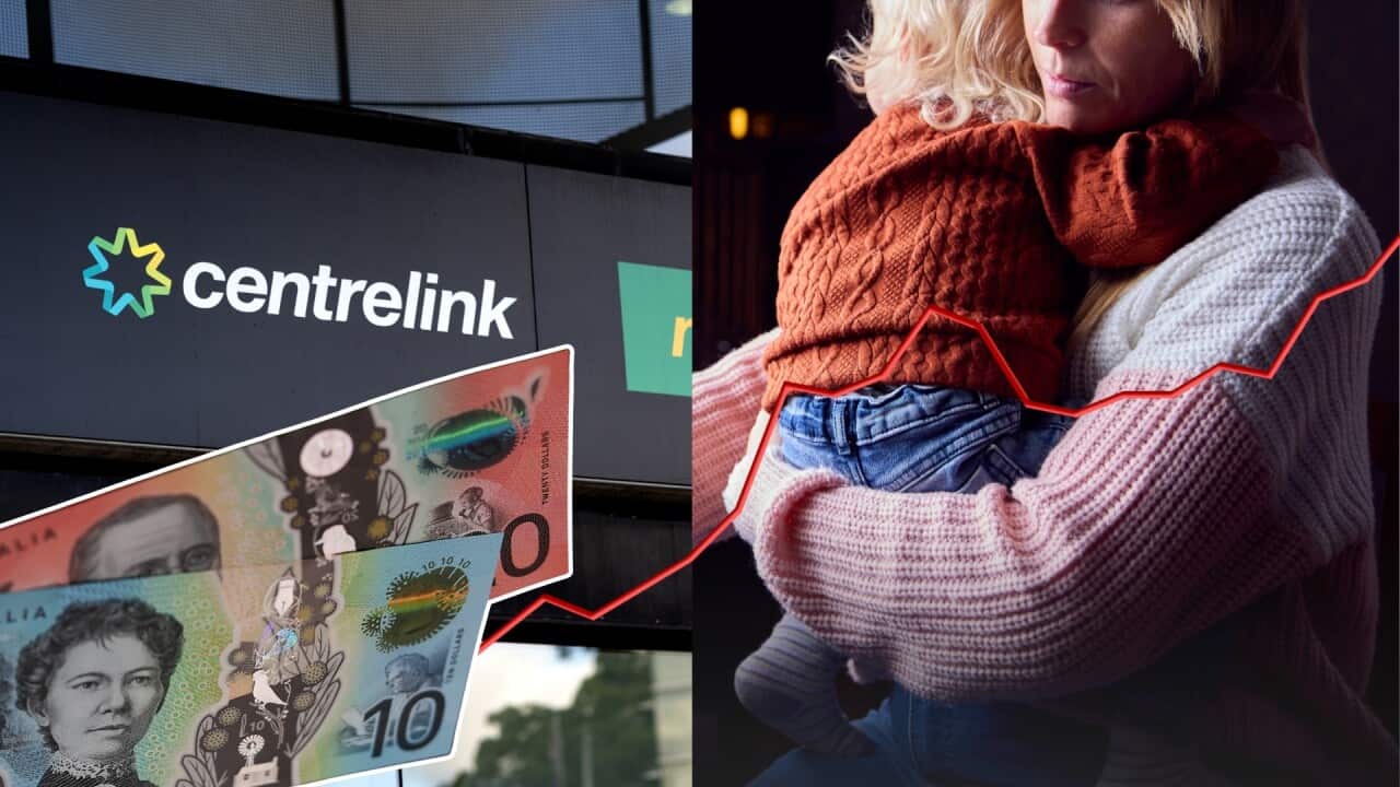 A collage with a sign that reads "Centrelink" in the right field, and a woman holding a baby looking sad in the right field. In the foreground is a line graph going up, and some Australian dollars.