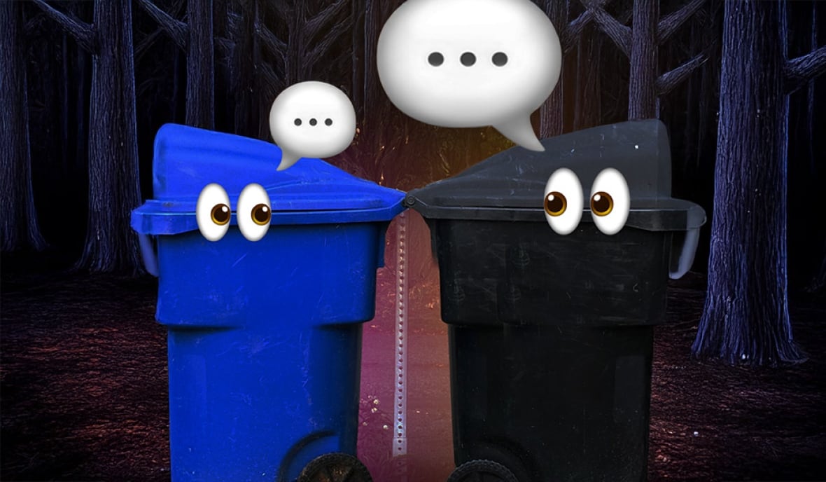 An illustration of two city garbage bins with emoji eyes and a speech bubble on each.