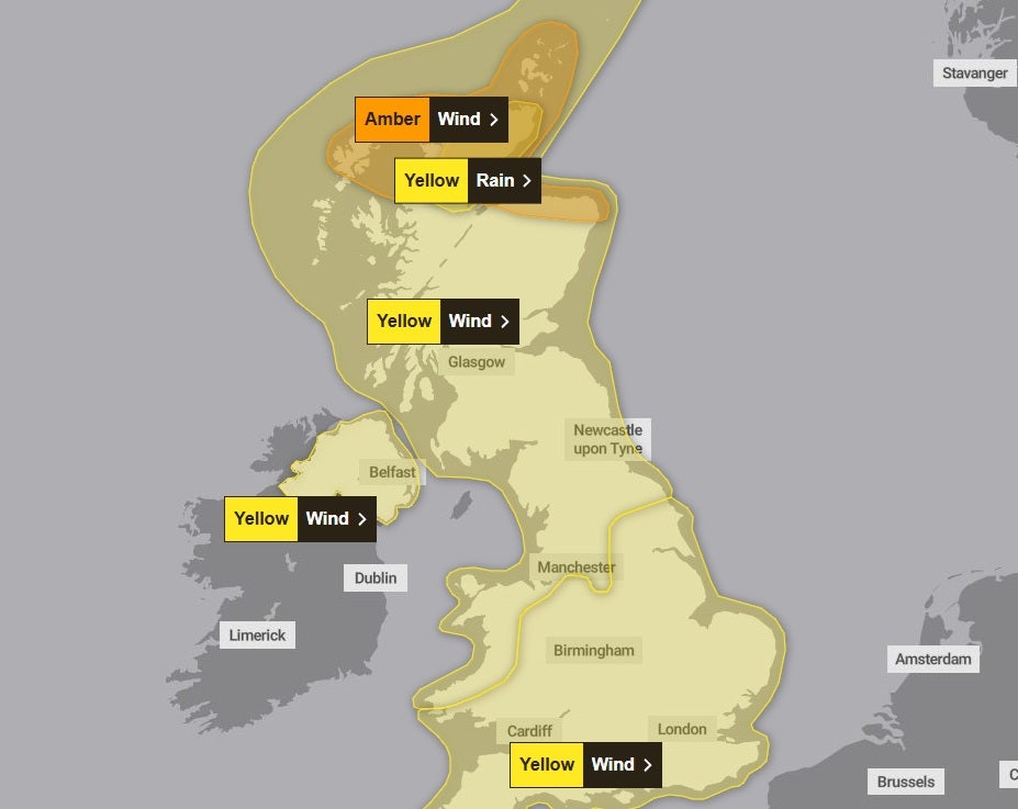 A yellow weather warning for wind was in place for all the UK on Saturday