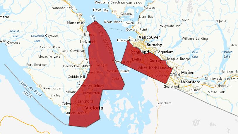 Wind warning issued for parts of B.C.'s South Coast, including sections of Metro Vancouver