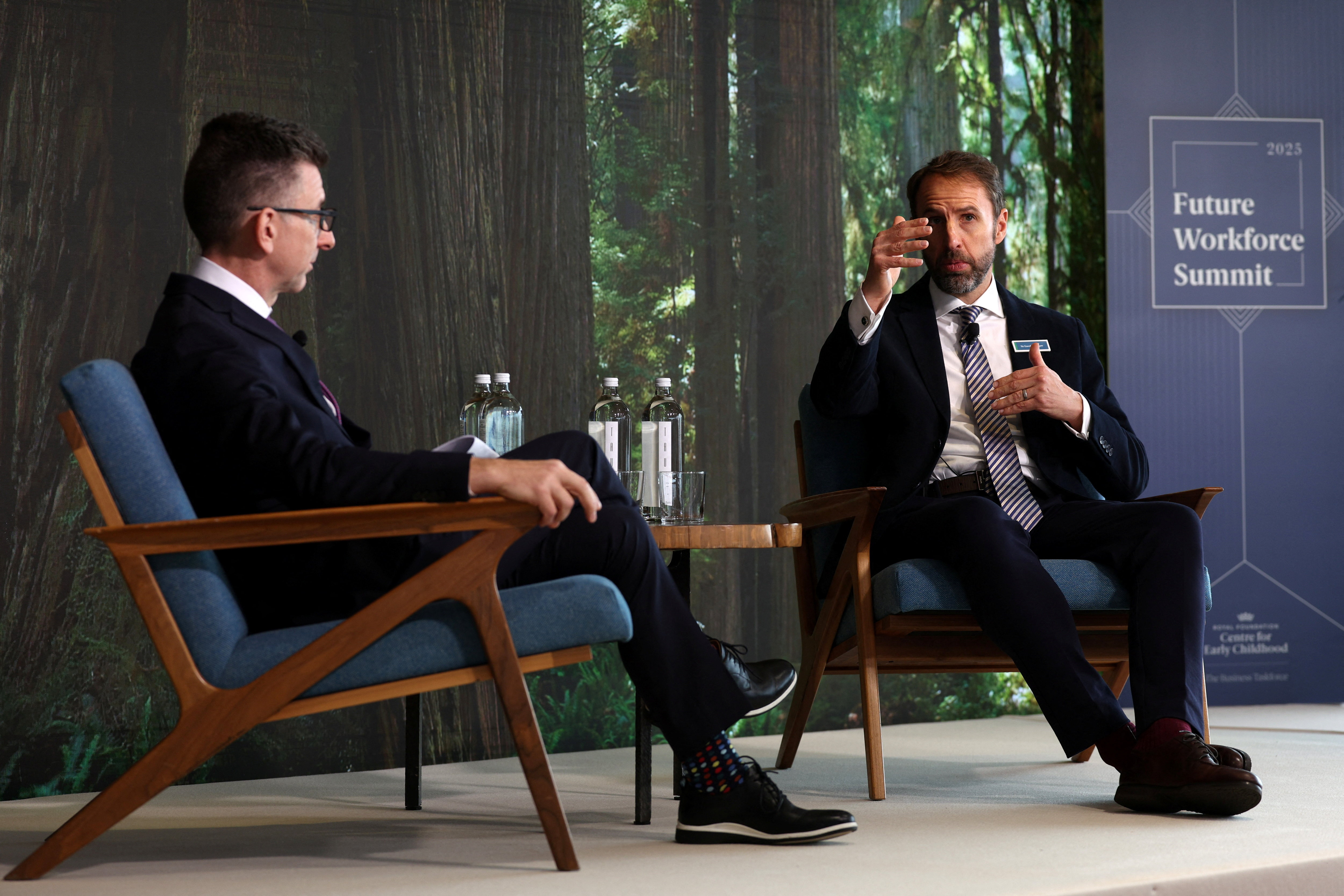 Gareth Southgate speaking with Yale Professor Marc Brackett at The Future Workforce Summit.