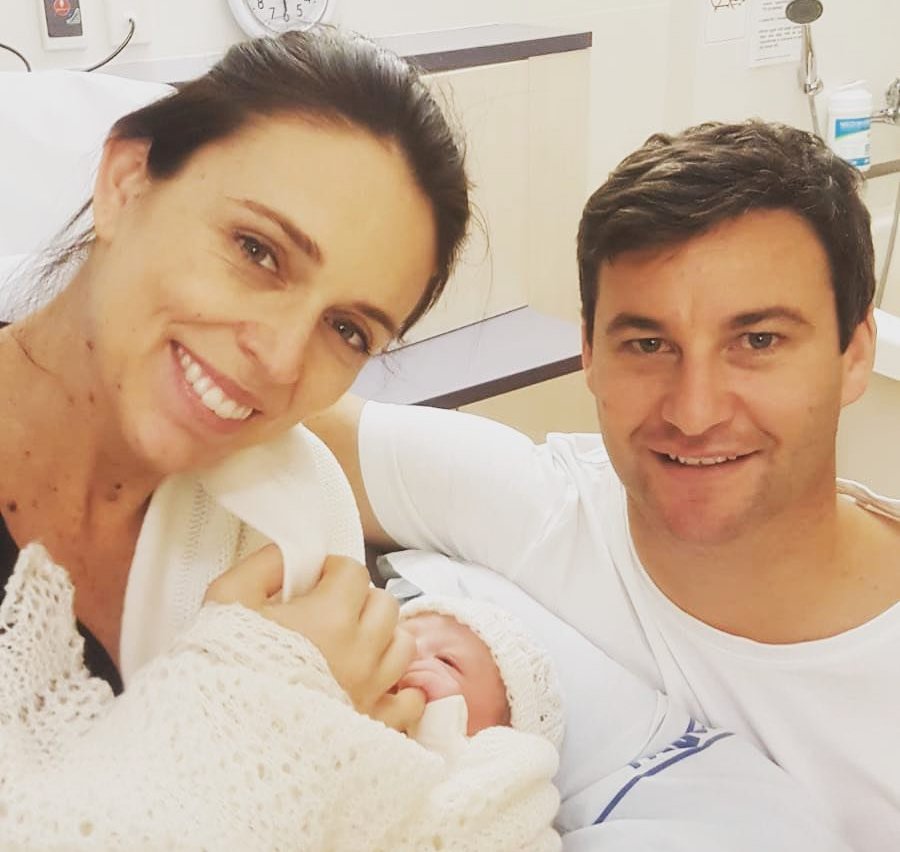 New Zealand Prime Minister Jacinda Ardern is seen with her baby daughter and partner Clarke Gayford at Auckland City Hospital