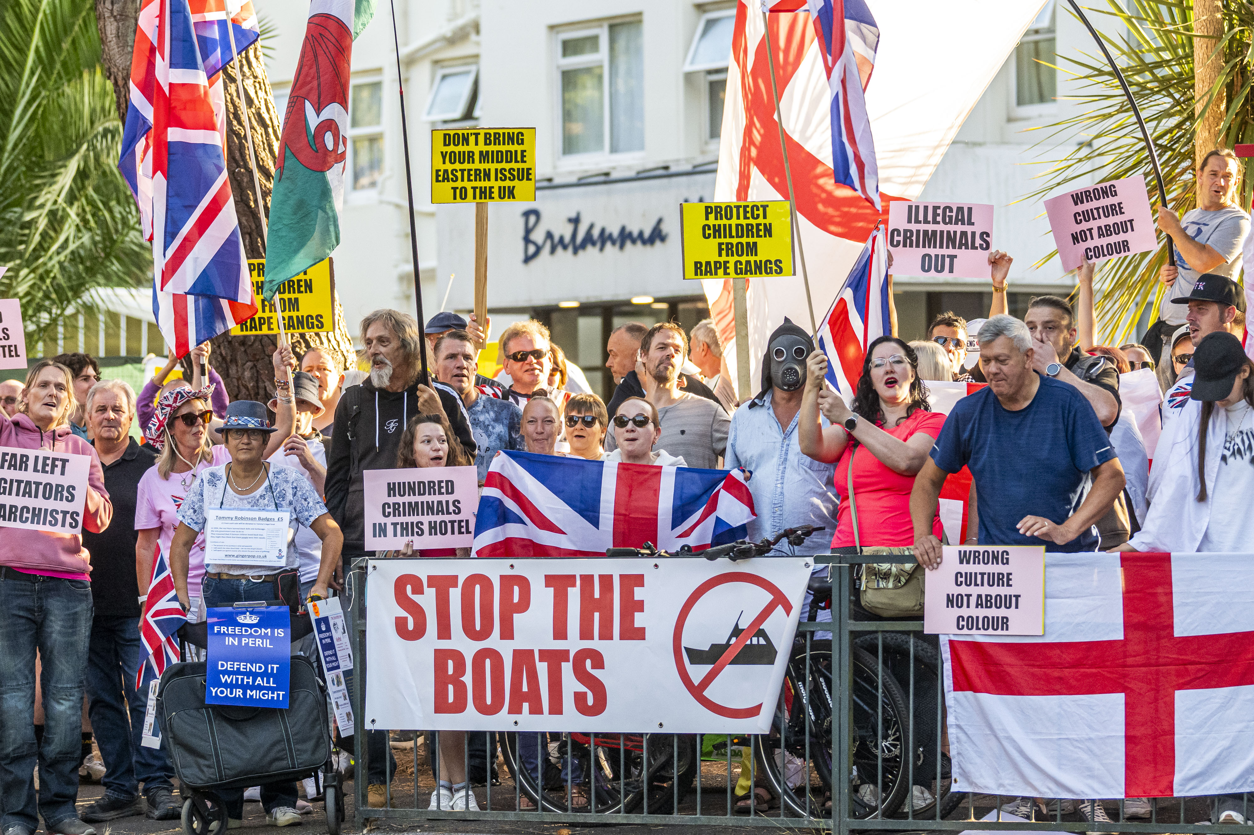 A protest against asylum seekers being housed in hotels outside The Britannia Hotel in Bournemouth.