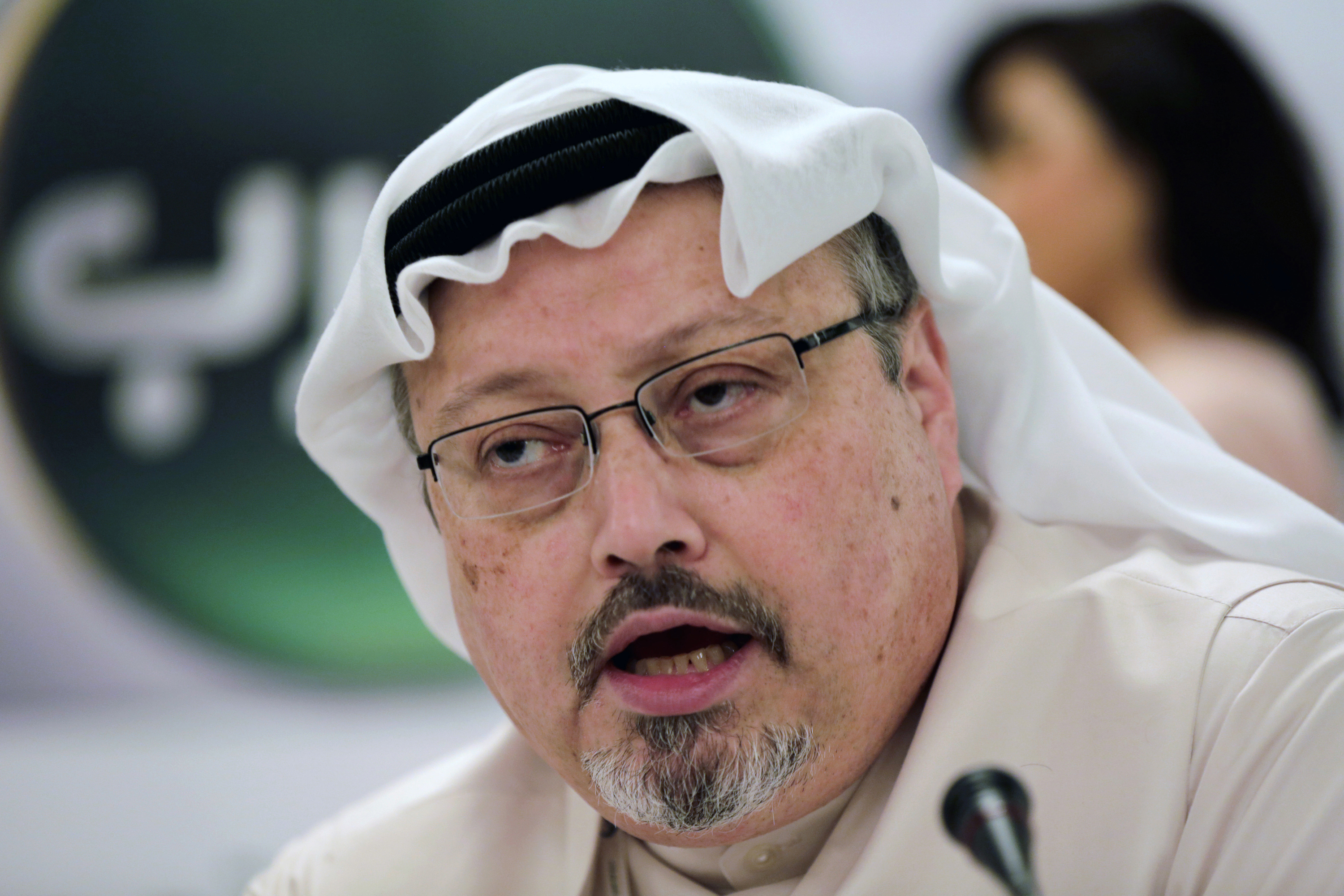 Jamal Khashoggi speaking at a press conference.