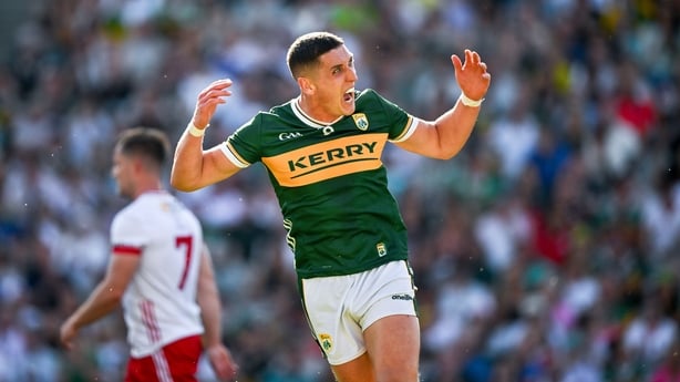 12 July 2025; Joe O'Connor of Kerry urges support from Kerry supporters on Hill 16 after he scored his side's 13th point, in the 48th minute, during the GAA Football All-Ireland Senior Championship semi-final match between Kerry and Tyrone at Croke Park in Dublin. Photo by Ray McManus/Sportsfile