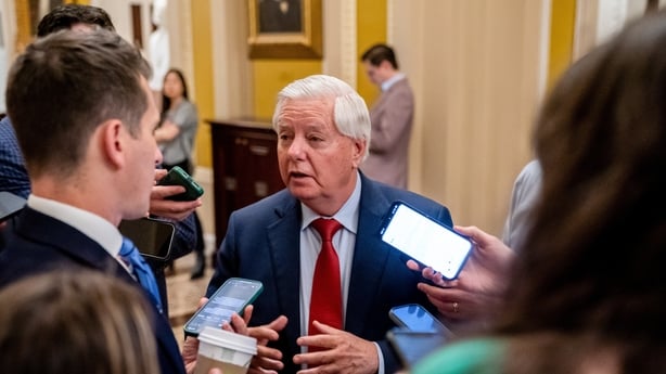 Senator Lindsey Graham, a Republican from South Carolina, speaks to members of the media following the Senate Republican policy luncheon at the US Capitol in Washington, DC, US, on Wednesday, June 4, 2025. The Senate has begun deliberations over the President Donald Trump's massive "Big Beautiful Bi