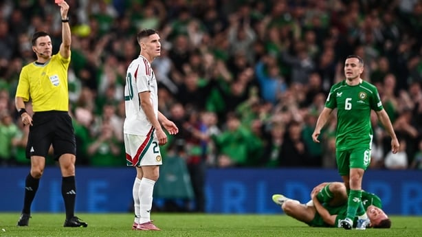 Hungary's Roland Sallai was sent off for a challenge on Dara O'Shea