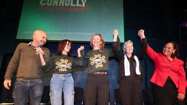 Catherine Connolly is joined by (l to r) Paul Murphy, Senator Eileen Flynn, Holly Cairns, Mary Lou McDonald and Marie Sherlock at the launch of her presidential campaign, Guth na nDaoine, at The Complex, Smithfield