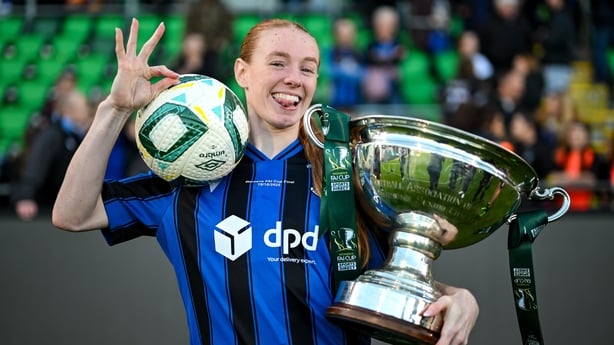 Kelly Brady of Athlone Town celebrates with the cup after the 2025 Sports Direct Women's FAI Cup Final match between Athlone Town and Bohemians at Tallaght Stadium in Dublin
